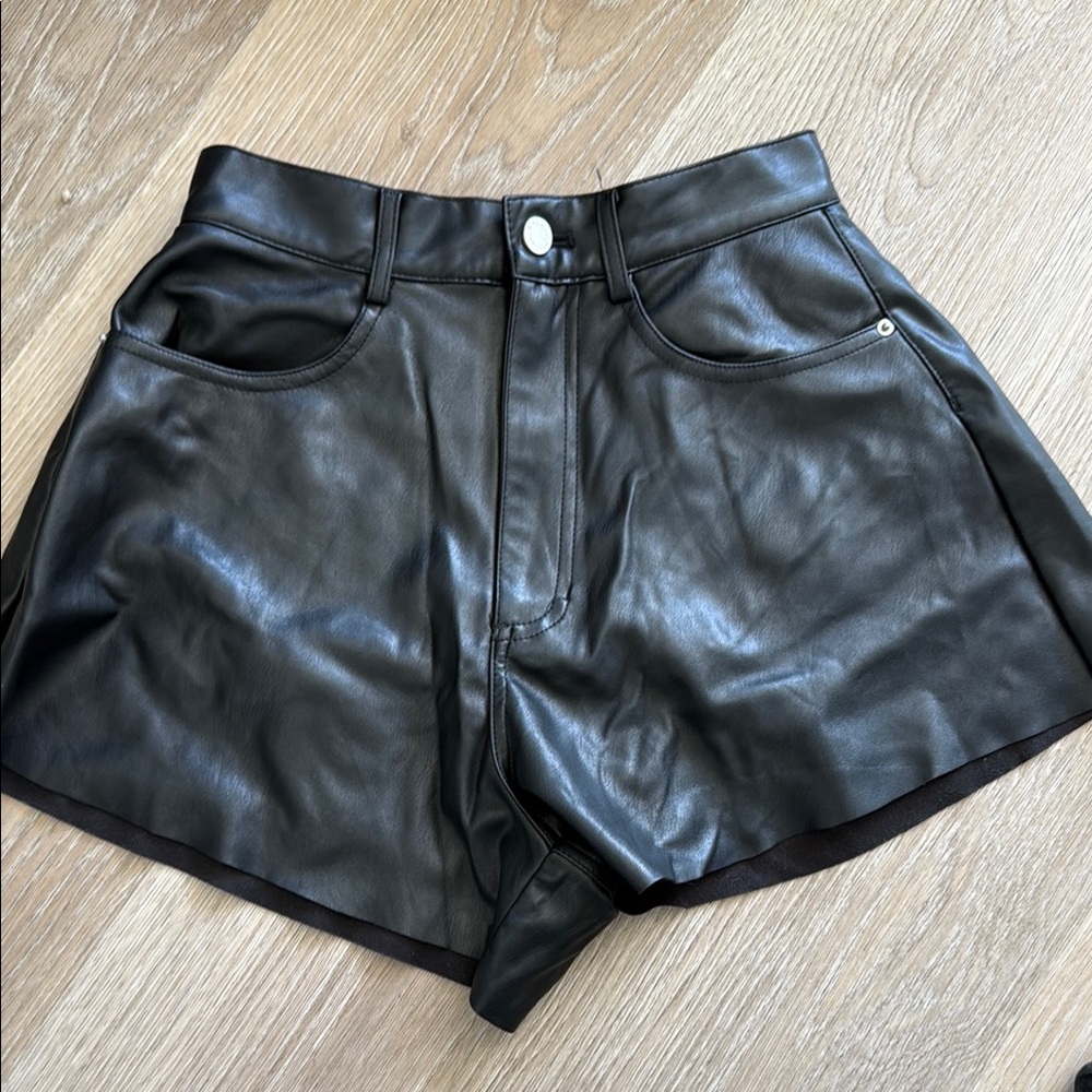 WeWoreWhat Vegan leather flare bell shorts!